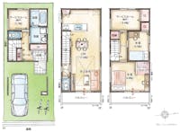 【1号地間取り図】
約3.1帖のサービスルームを設けた3階建てのプラン。お仕事のほか、家庭学習や趣味のコレクションルームなど多目的に活用可能です。2カ所のホール収納やパントリー、WICなど多彩な収納スペースも確保しています。
【●敷地面積／61.98㎡ ※敷地面積は公簿面積。確認申請上の敷地面積とは差異があります。詳しくは係員までお尋ねください。●延床面積／108.31㎡（1階床面積／39.07㎡（内車庫面積約15.58㎡含む）、2階床面積／34.62㎡、3階床面積／34.62㎡)】※建売プランの為、プランの変更はできません。家具、車、自転車、植栽はイメージです。※床暖房、カワックは装備されておりません。