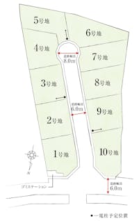 【全体区画図】
分譲地内道路は通り抜けができない設計のため、住民以外の通行が抑制され、プライバシーを守りやすいです。交通量が抑えられるため、比較的静かな環境でお過ごしいただけます。