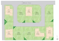 【全体区画図】
全10区画の新街区が誕生。建売プランの敷地面積はゆったり約43.07坪～49.60坪。幅員約4.44～4.54mの北側公道と幅員約4.28mの西側私道に接道。開発道路は幅員約4.0mです。