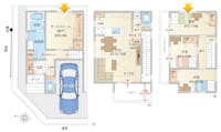 【1号地間取り図】
収納豊富な3LDK+S（納戸）プラン。1階洋室にはワイドクロゼット含め2カ所の収納を配置。玄関に近いため、お出かけ前の着用もスムーズに。2階廊下にも洗面スペースがあり、朝の支度の際にも重宝しそうです。【●敷地面積／66.30㎡●延床面積／110.83㎡（1階床面積／40.77㎡（内車庫面積11.20㎡含む）、2階床面積／36.45㎡、3階床面積／33.61㎡)】※建売プランの為、プランの変更はできません。家具、車、自転車、植栽はイメージです。※床暖房、カワックは装備されておりません。