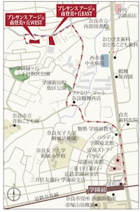 【現地案内図】
コンセプトが異なる複数の買物施設が周辺に揃っています。気分や目的に応じてお店を選択でき、買い回りがしやすいです。小児科へは徒歩8～9分。急な体調不良時にスムーズに受診できそうです。