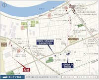 【現地案内図】
買い物施設が徒歩3分圏内！近隣は大きな公園をはじめ、アクティブに体を動かせるスポーツ施設も複数点在。ご家族や友人と運動を楽しんだり、お散歩に出かけたり。のびのびと暮らせるロケーションです。