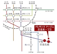 【路線図】
OsakaMetro谷町線「喜連瓜破」駅徒歩15分、「平野」駅徒歩17分(自転車約5分)。「喜連瓜破」駅より「天王寺」「東梅田」駅まで直通アクセスが叶います。