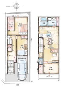 【3号地／参考プラン】
約2.25帖のWICやホール収納を設けた2階建てプラン。2階に水回りとバルコニーを配し、洗濯動線も良好です。【●敷地面積／68.38㎡●延床面積／80.18㎡（1階床面積／34.62㎡、2階床面積／45.56㎡】※参考プランの為、プランの変更は可能です。詳しくはスタッフまでお尋ねください。※車、家具、植栽はイメージです。※床暖房、カワックはオプションになります。