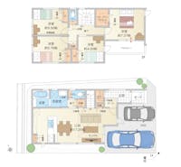 【11号地間取り図(建売分譲)】
水廻りを1階に集約した、家事ラク動線が魅力の11号地。2階に居室を集約し、団らん時間とプライベートな時間、両方を大切に暮らせます。LDKは南面を中心に2方向から陽光が差し込み、通風・採光を高めます。