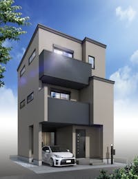 【完成予想図/外観パース】
新築住宅が建ち並ぶエリアに「アージュの家」が新登場！インナーガレージと2カ所のバルコニー付き、4LDKプランです。生活利便施設が身近に揃う便利な周辺環境も併せてご検討ください。