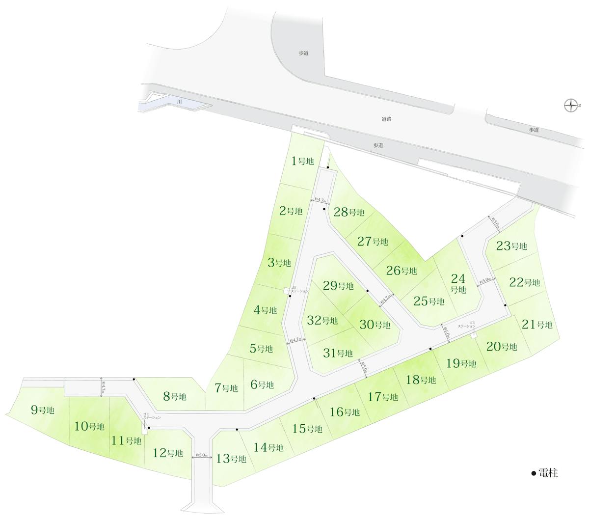 【全体区画図】
《自由設計対応》全32区画の街づくりプロジェクト。開発道路の幅員はゆったり約4.7m～5.0m。落ち着いた色調の電柱を使用するなど、街並みの景観にも配慮されたこだわりのランドプランを採用。
