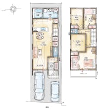 【1号地間取り図】
広さの違う2部屋の洋室と2つのサービスルームは、お子様の成長やお仕事、趣味など、ご家族のライフスタイルに合わせてフレキシブルに活用可能です。リビング収納が2つあり、散らかりがちなリビングもすっきりと保てそうです。
【●敷地面積／93.55㎡ ※有効敷地面積、別途私道負担約1.59㎡あり。※登記簿面積95.14㎡●延床面積／97.20㎡（1階床面積／48.60㎡、2階床面積／48.60㎡)】※建売プランの為、プランの変更はできません。家具、車イメージです。備え付けされませんので、予めご了承ください。※床暖房、カワックは装備されておりません。