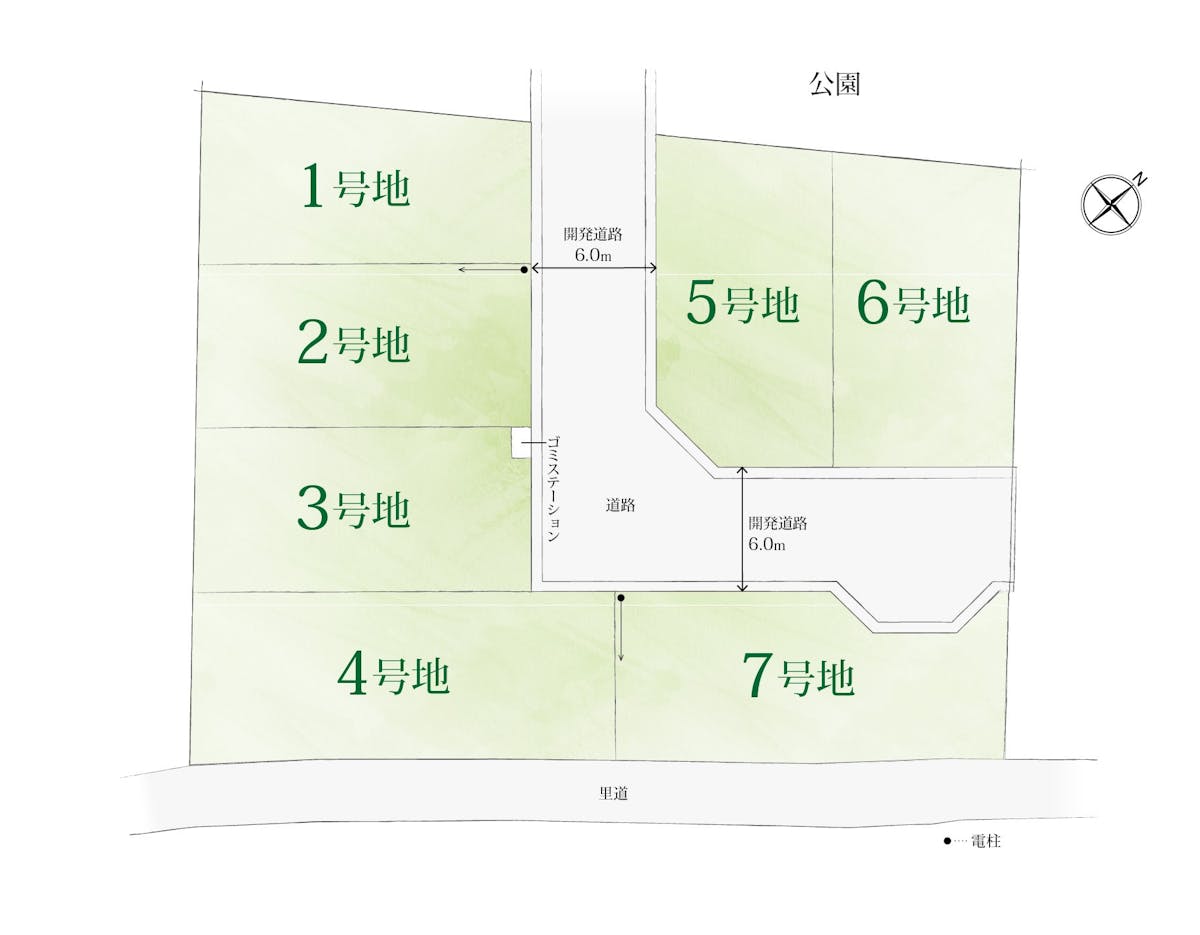 【全体区画図】
全7区画の建築条件なし分譲地です。敷地面積は約36坪～50坪。区画内道路は幅員約6.0mとゆったり。お車の出し入れもスムーズに行うことができ、開放的な街並みを創出します。ぜひ詳細についてお問い合わせください。