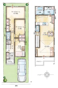 【間取り図】
広々19帖超LDKと同フロアにバルコニー付き、2階建てプラン。水回りとバルコニーが同フロアにあり、快適な洗濯動線を確保。階段下収納やSCL、パントリー等収納スペースも充実した住まいです。
【●敷地面積／87.07㎡ ※有効敷地面積●延床面積／88.29㎡（1階床面積／44.55㎡、2階床面積／43.74㎡】※建売プランの為、プランの変更はできません。※家具・植栽・車はイメージです。※床暖房・カワックは装備されておりません。