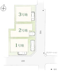 【全体区画図】
近鉄大阪線・奈良線「布施」駅まで徒歩7分の立地に、全3区画の新しい街並みが誕生します。1号地は2台分、2・3号地は1台分のカースペースを確保しています(車種による)。