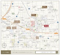 【現地案内図】
複数の保育園が徒歩9分圏内にあります。その他、スーパーやコンビニも点在しており、病院、銀行、郵便局など暮らしに必要な施設が揃う、利便性の高いエリアです。