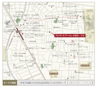 【現地案内図】
徒歩10分圏内に3つのスーパーが揃う、生活利便性の高い立地。買い物施設や公園、神社などが点在するエリアです。周囲は住宅が建ち並び、交通量が少ないため、子育て世帯にもおすすめの立地です。