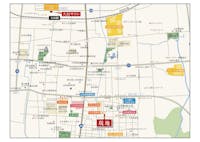 【現地案内図】
スーパーまで徒歩7～8分！ショッピングセンターも自転車圏内にあり、良好なショッピング環境です。大きな公園や、幼稚園・小学校も徒歩圏内に揃い、子育てファミリーにもおすすめです◎