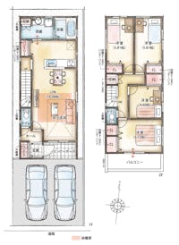 【2号地間取り図】
1階は団らん空間、2階はプライベート空間とゾーニング。ご家族一人一人の暮らしを大切にできる住まいです。水回りはひとところにまとめ、家事動線も良好。パントリーや洗面収納など、収納スペースも充実しています。【●土地面積／100.21㎡ ●延床面積／97.72㎡（1階床面積／48.03㎡、2階床面積／49.69㎡】※建売プランの為、プランに変更はできません。家具、車はイメージです。実際に備え付けられませんので予めご了承ください。