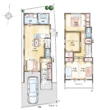 【3号地間取り図】
水廻りを集約し、キッチンに勝手口を設けた家事ラク動線の家。ご家族が自然と顔を合わせる機会が増える、対面式キッチンとリビングイン階段を採用。お車を1台駐車可能です(車種による)。【●敷地面積／86.78㎡●延床面積／91.79㎡（1階床面積／45.20㎡、2」階床面積／46.59㎡】※建売プランの為、プランの変更はできません。※家具、車、植栽はイメージです。