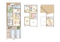 【2号地間取り図】
リビングと和室から出入り可能なパティオのある住まい。ご家族やご友人と開放的なお家時間が楽しめるプライベートガーデンです。LDKは広々約18帖。約8帖の吹抜を配し、縦横に広がりを持たせたゆとりある住空間◎