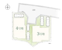 【全体区画図】
《第一種低層住居専用地域内》自然に包まれた閑静な住宅地に新築2邸が誕生！通り抜けできない開発道路に接道し、安全性にも配慮されたランドプランです。/接道幅員：東側公道約4.7m（位置指定道路）