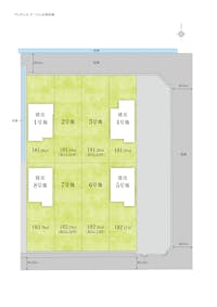 【全体区画図】
全8区画の「アージュの街並み」が誕生。全区画敷地面積54坪以上。敷地を有効活用しやすい、整形地中心のランドプランです。道路幅員は約5.14m～6mとゆとりがあり、お車の入出庫もしやすそうです。