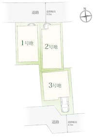 【区画図】
全3区画の「アージュの街」が誕生。前面道路の幅員は、南側私道約4.0m・北側私道約4.0m。教育施設や買い物施設がバランスよく点在する、暮らしやすいエリアです。