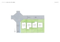 【全体区画図】
土地面積約57坪～58坪あり、ゆとりを感じていただけます。広いお庭ではBBQを楽しんだり、お子様のプールを置いて水遊びなどが楽しめそうです。