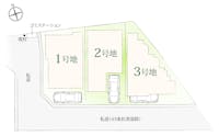 【全体区画図】
敷地面積約90.08㎡～96.18㎡(※有効敷地面積)、全3区画の新しい街並みです。南側道路接面で、一日を通して住まいに光が入りやすい立地。