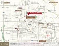 【現地案内図】
徒歩圏内に幼保施設、小学校、飲食店、100円均一ショップ、小児科など、あらゆるジャンルの施設がバランスよく点在するエリア。お車でお越しの際はカーナビにて「京都府城陽市久世南垣内75-15」とご登録ください。